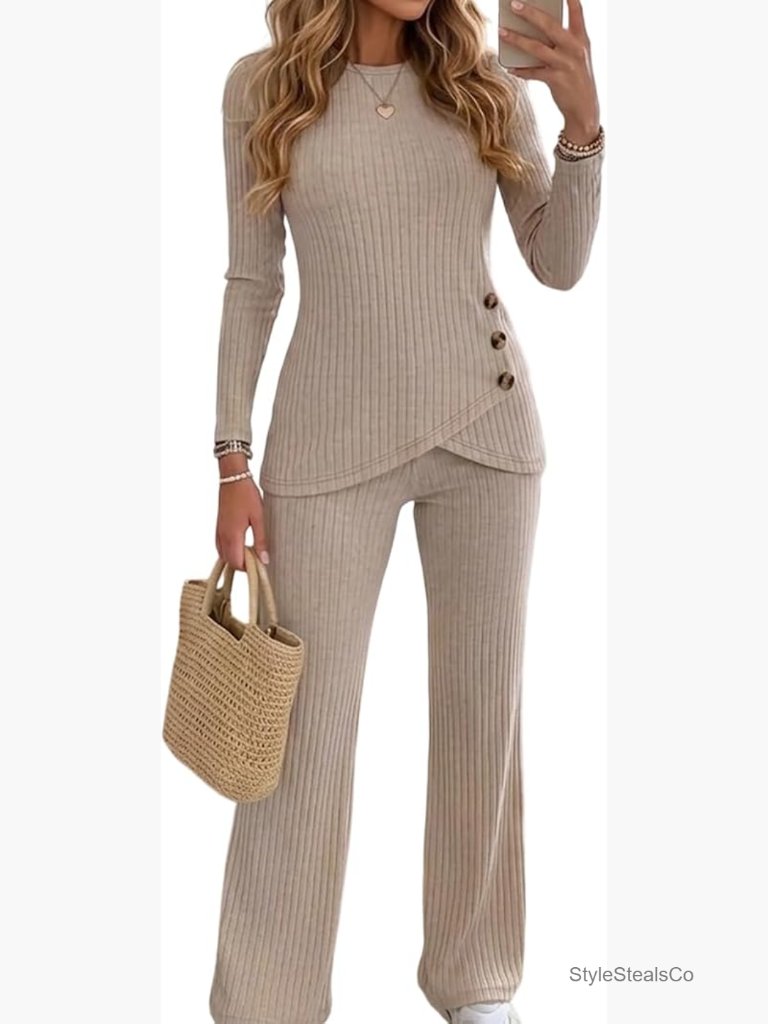 Ribbed Knit Lounge Set Long Sleeve Wide Leg Pants Elastic Waist Casual Outfit